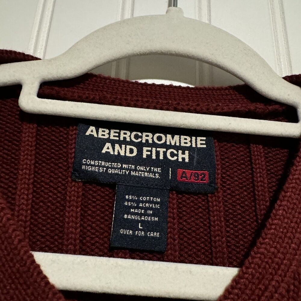 Vintage Y2K Abercrombie Fitch V Neck Sweater Ribbed Maroon Cotton Mens Large - Picture 4 of 5